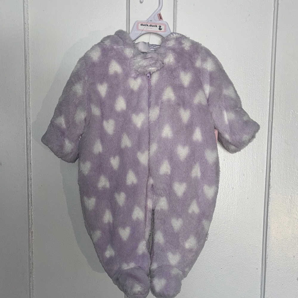 Duck duck goose Purple faux fur snowsuit footie hoodie size 3-6 Months NWT - Picture 8 of 8